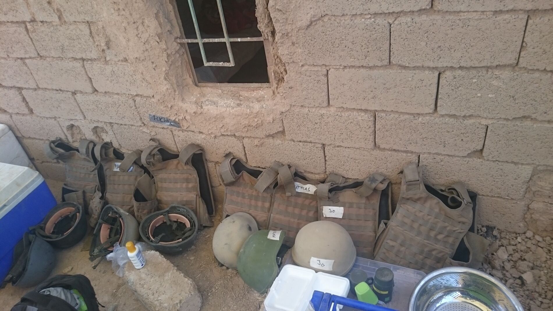 Lined up helmets and protective vests of our paramedic team in Hawijah, Iraq 2017.