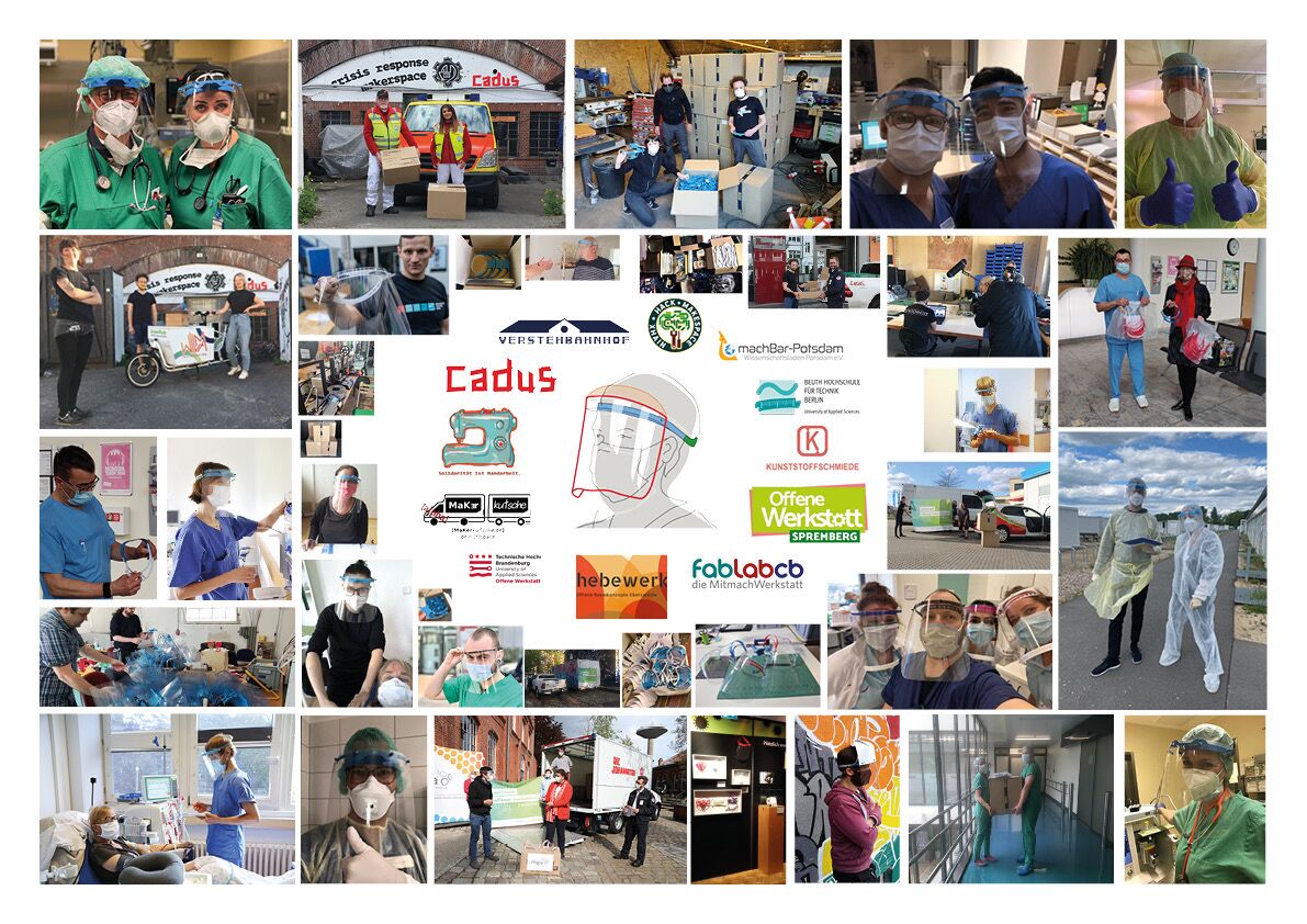 A collage from pictures of face shield users.