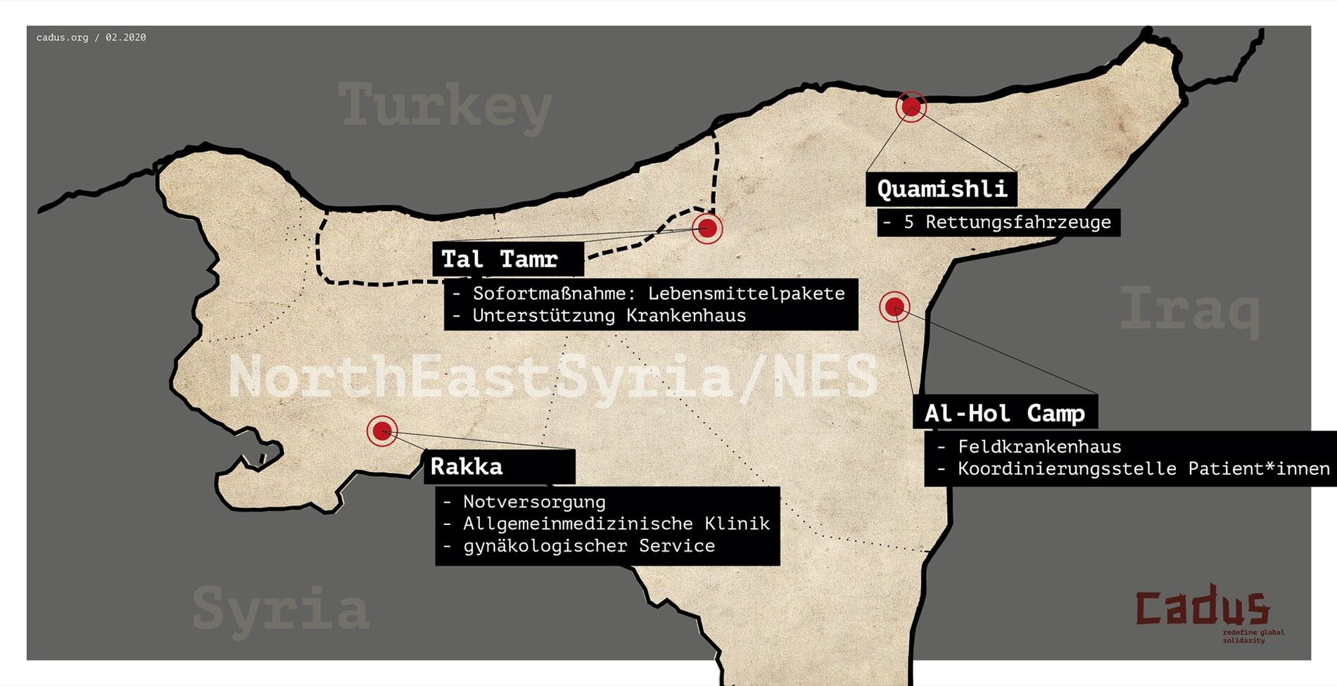 Eine Landkarte von Nordostsyrien mit Standorten und Kurzbeschreibungen von CADUS-Projekten.